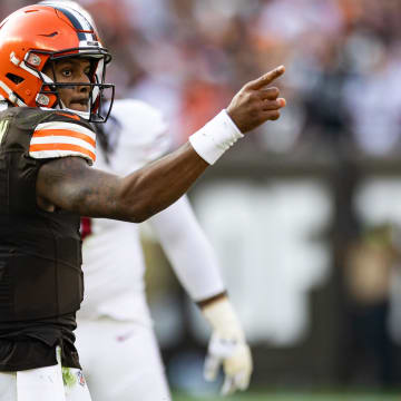 Nov 5, 2023; Cleveland, Ohio, USA; Cleveland Browns quarterback Deshaun Watson (4) points in celebration from his run for a first down against the Arizona Cardinals during the third quarter at Cleveland Browns Stadium. Mandatory Credit: Scott Galvin-USA TODAY Sports
