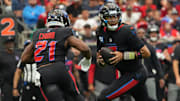 Oct 26, 2025; Houston, Texas, USA; Houston Texans quarterback C.J. Stroud (7) drops back to throw during the first half against the San Francisco 49ers at NRG Stadium. 