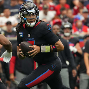 Oct 26, 2025; Houston, Texas, USA; Houston Texans quarterback C.J. Stroud (7) drops back to throw during the first half against the San Francisco 49ers at NRG Stadium. 