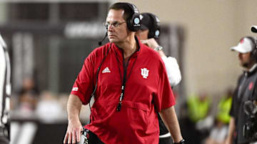 Oct 18, 2025; Bloomington, Indiana, USA; Indiana Hoosiers head coach Curt Cignetti walks along the sideline during the second half against the Michigan State Spartans at Memorial Stadium. Mandatory Credit: Robert Goddin-Imagn Images