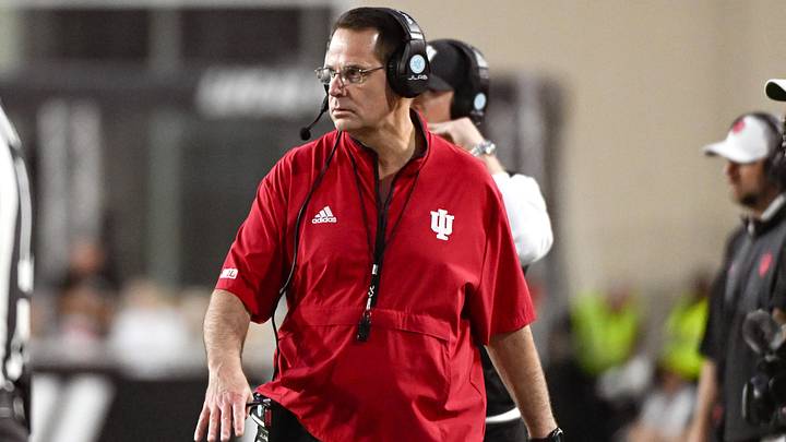Oct 18, 2025; Bloomington, Indiana, USA; Indiana Hoosiers head coach Curt Cignetti walks along the sideline during the second half against the Michigan State Spartans at Memorial Stadium. Mandatory Credit: Robert Goddin-Imagn Images