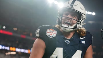 Former Penn State tight end Tyler Warren celebrates a touchdown catch against the Boise State Broncos during the Fiesta Bowl.  