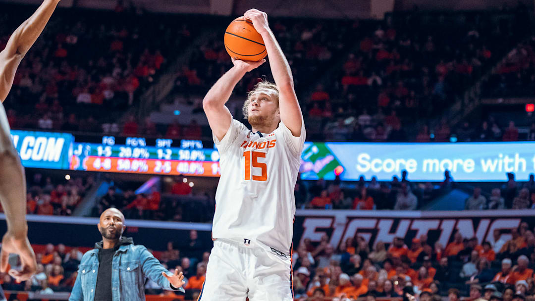 Illinois forward Jake Davis (15) pulls up against Jackson State in the Illini's victory over the Tigers on Monday at the State Farm Center in Champaign, Illinois.