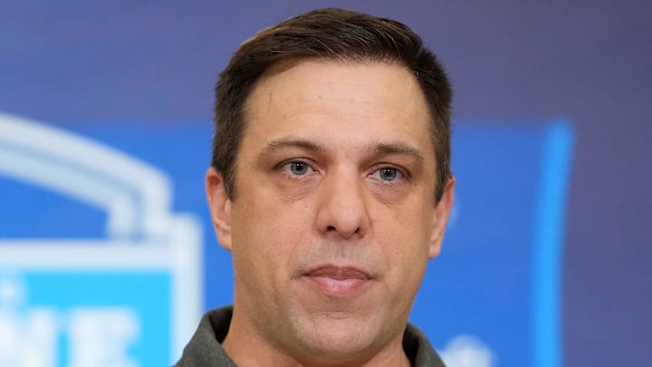 Feb 24, 2026; Indianapolis, IN, USA; Kansas City Chiefs general manager Brett Veach speaks at the NFL Scouting Combine at the Indiana Convention Center. Mandatory Credit: Kirby Lee-Imagn Images