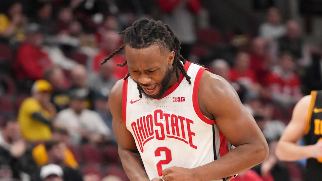 Mar 12, 2026; Chicago, IL, USA; Ohio State Buckeyes guard Bruce Thornton (2) reacts after making a three point basket against the Iowa Hawkeyes during the second half at United Center. Mandatory Credit: David Banks-Imagn Images Mar 12, 2026; Chicago, IL, USA; Ohio State Buckeyes guard Bruce Thornton (2) reacts after making a three point basket against the Iowa Hawkeyes during the second half at United Center. Mandatory Credit: David Banks-Imagn Images