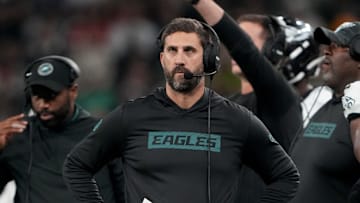 Sep 6, 2024; Sao Paulo, BRA; Philadelphia Eagles head coach Nick Sirianni during the first quarter against the Green Bay Packers at Neo Quimica Arena. Mandatory Credit: Kirby Lee-Imagn Images