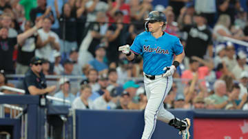 Aug 3, 2025; Miami, Florida, USA; Miami Marlins left fielder Kyle Stowers (28) circles the bases after hitting a three-run home run against the New York Yankees during the fourth inning at loanDepot Park. Mandatory Credit: Sam Navarro-Imagn Images