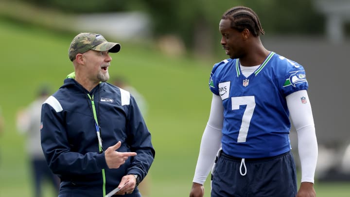 Geno Smith and Ryan Grubb of the Seattle Seahawks