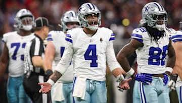 Nov 3, 2024; Atlanta, Georgia, USA; Dallas Cowboys quarterback Dak Prescott (4) reacts to a penalty against the Atlanta Falcons in the third quarter at Mercedes-Benz Stadium. Mandatory Credit: Brett Davis-Imagn Images