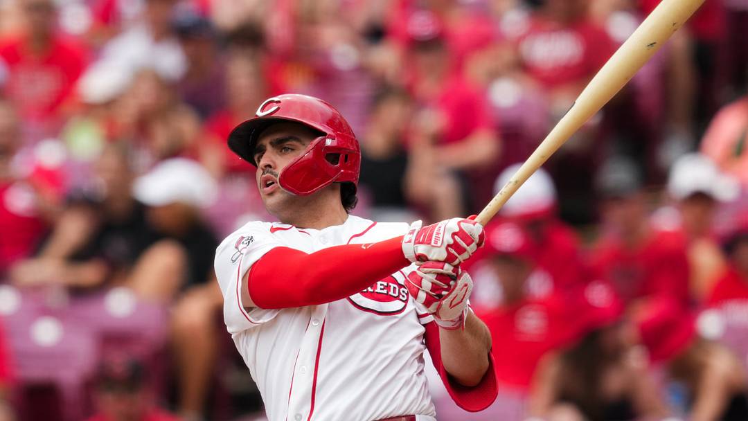 Aug 6, 2026; Cincinnati, Ohio, USA; Cincinnati Reds first baseman Sal Stewart bats against the Athletics in the seventh inning at Great American Ball Park. Mandatory Credit: Aaron Doster-Imagn Images Aug 6, 2026; Cincinnati, Ohio, USA; Cincinnati Reds first baseman Sal Stewart bats against the Athletics in the seventh inning at Great American Ball Park. Mandatory Credit: Aaron Doster-Imagn Images
