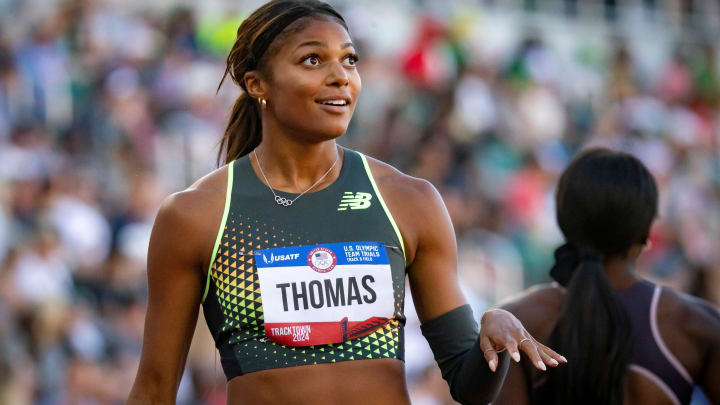 Gabby Thomas reacts after winning the semifinals of the women’s 200 meter dash during day eight of the U.S. Olympic Track & Field Trials Friday, June 28, 2024, at Hayward Field in Eugene, Ore.