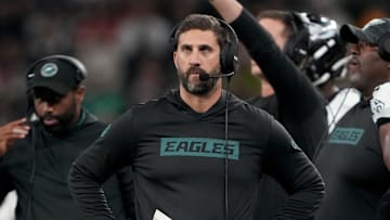 Sep 6, 2024; Sao Paulo, BRA; Philadelphia Eagles head coach Nick Sirianni during the first quarter against the Green Bay Packers at Neo Quimica Arena. Mandatory Credit: Kirby Lee-Imagn Images