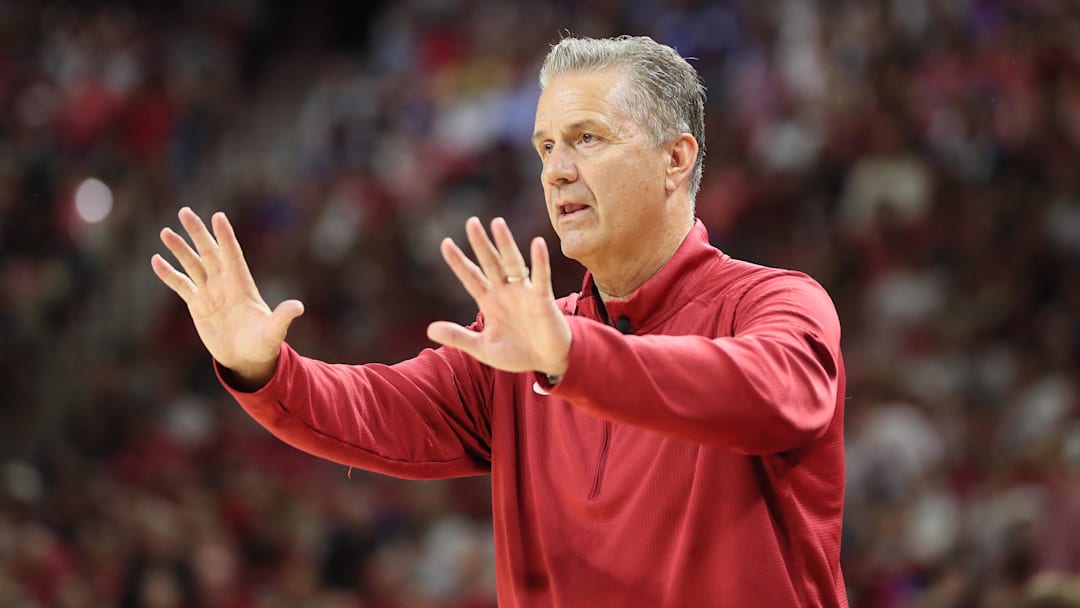 Oct 25, 2024; Fayetteville, AR, USA; Arkansas Razorbacks head coach John Calipari during the second quarter against the Kansas Jayhawks at Bud Walton Arena. Mandatory Credit: Nelson Chenault-Imagn Images