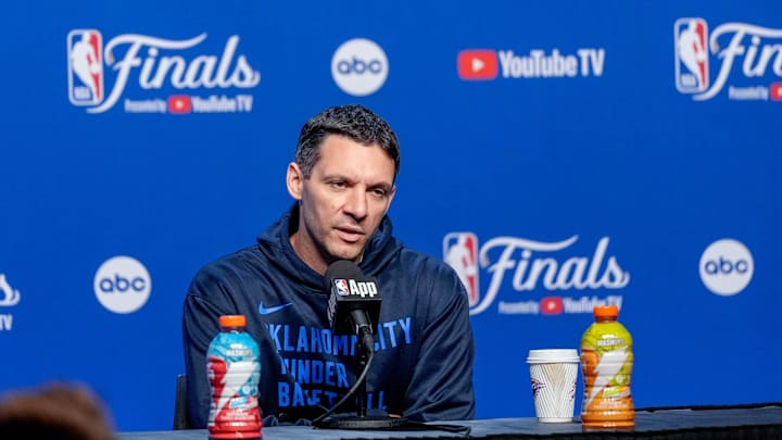 Oklahoma City head coach Daigneault speaks at a press conference at Paycom Center
