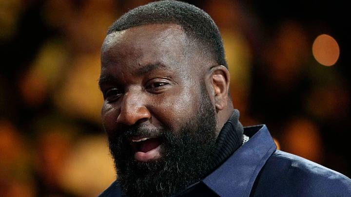 Dec 14, 2024; Las Vegas, Nevada, USA; Former NBA player Kendrick Perkins looks on during the fourth quarter between the Houston Rockets and the Oklahoma City Thunder. in a semifinal of the 2024 Emirates NBA Cup at T-Mobile Arena. Mandatory Credit: Kyle Terada-Imagn Images