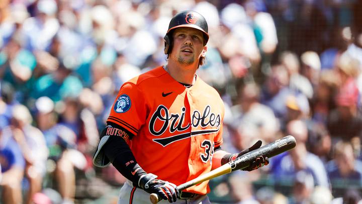 Jun 18, 2026; Seattle, Washington, USA; Baltimore Orioles designated hitter Adley Rutschman (35) reacts following a strikeout looking against the Seattle Mariners during the seventh inning at T-Mobile Park. Mandatory Credit: Joe Nicholson-Imagn Images