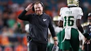 Sep 13, 2025; Miami Gardens, Florida, USA; South Florida Bulls head coach Alex Golesh looks on against the Miami Hurricanes in the third quarter at Hard Rock Stadium. Mandatory Credit: Nathan Ray Seebeck-Imagn Images