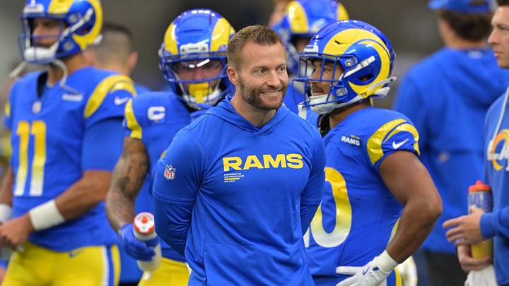 Jan 4, 2026; Inglewood, California, USA;  Los Angeles Rams head coach Sean McVay on the field prior to a game against the Arizona Cardinals at SoFi Stadium. Mandatory Credit: Jayne Kamin-Oncea-Imagn Images