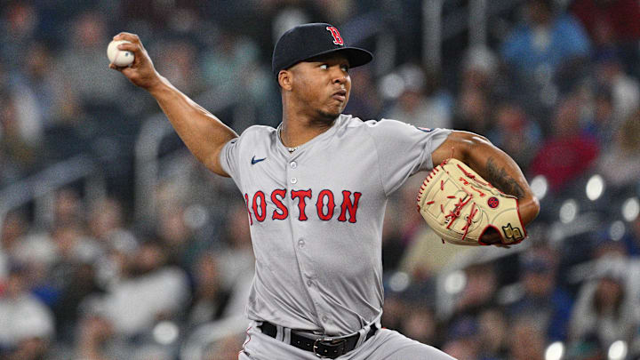 Sep 24, 2024; Toronto, Ontario, CAN; Boston Red Sox starting pitcher Brayan Bello (66) pitches against the Toronto Blue Jays in the first inning at Rogers Centre. Mandatory Credit: Dan Hamilton-Imagn Images
