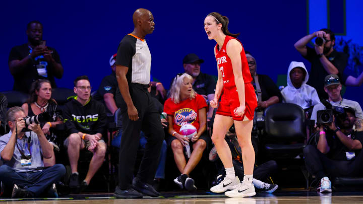 Jul 17, 2024; Arlington, Texas, USA; Indiana Fever guard Caitlin Clark (22) reacts after scoring during the first half against the Dallas Wings at College Park Center. Mandatory Credit: Kevin Jairaj-USA TODAY Sports