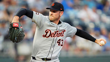 May 20, 2024; Kansas City, Missouri, USA; Detroit Tigers relief pitcher Joey Wentz (43) pitches during the sixth inning against the Kansas City Royals at Kauffman Stadium. Mandatory Credit: Jay Biggerstaff-Imagn Images