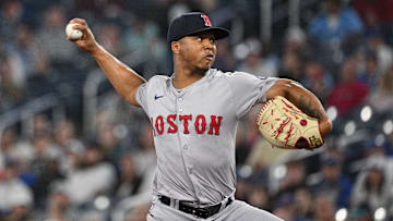 Sep 24, 2024; Toronto, Ontario, CAN; Boston Red Sox starting pitcher Brayan Bello (66) pitches against the Toronto Blue Jays in the first inning at Rogers Centre.