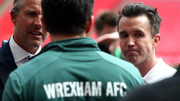Wembley Wrexham owners Rob McElhenney and Ryan Reynolds (back to camera) ahead of the Buildbase FA Trophy final.