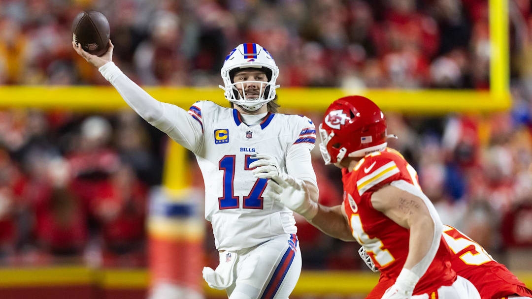 Jan 26, 2025; Kansas City, MO, USA; Buffalo Bills quarterback Josh Allen (17) against the Kansas City Chiefs 