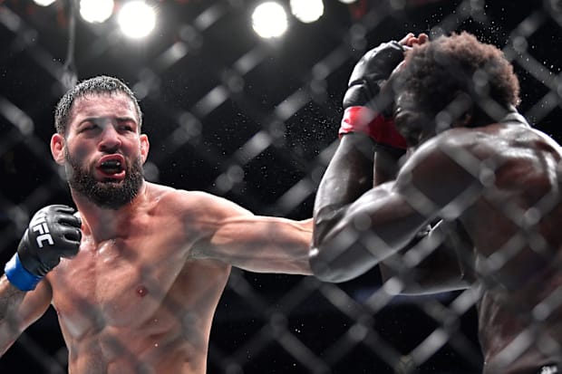 Nassourdine Imavov connects with Jared Cannonier during the second round of their middleweight bout.