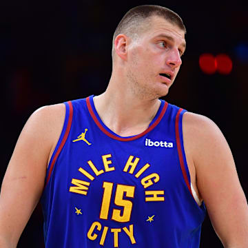 Denver Nuggets center Nikola Jokic (15) against the Los Angeles Lakers during 2024 NBA playoffs at Crypto.com Arena. 