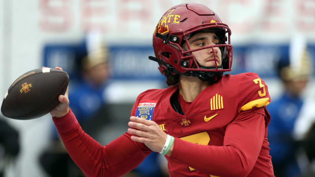 Iowa State Cyclones quarterback Rocco Becht (3) passes the ball during warm ups. Petre Thomas-USA TODAY Sports