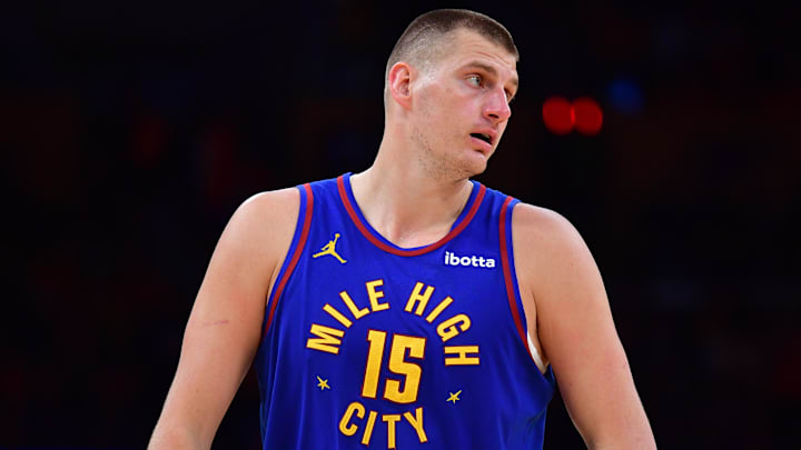 Denver Nuggets center Nikola Jokic (15) against the Los Angeles Lakers during 2024 NBA playoffs at Crypto.com Arena. 