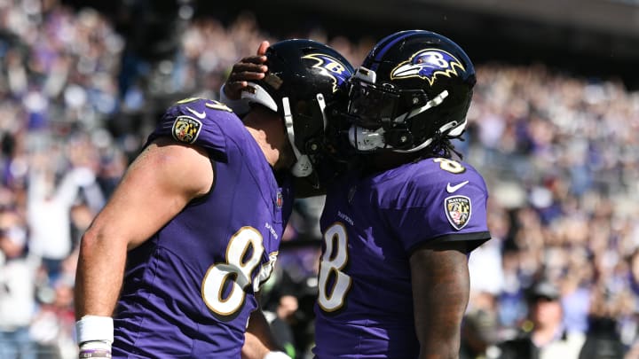 Oct 22, 2023; Baltimore, Maryland, USA; Baltimore Ravens tight end Mark Andrews (89) celebrates with quarterback Lamar Jackson (8) after socking a \2aq\touchdown  against the Detroit Lions  at M&T Bank Stadium. Mandatory Credit: Tommy Gilligan-USA TODAY Sports