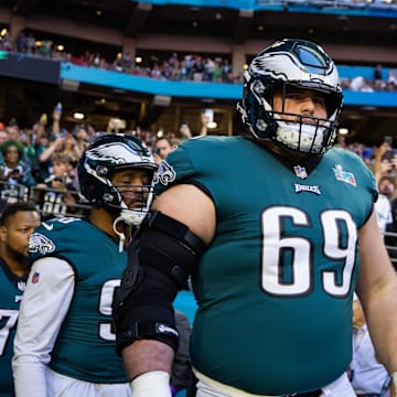 Philadelphia Eagles guard Landon Dickerson against the Kansas City Chiefs during Super Bowl LVII at State Farm Stadium.
