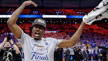 May 28, 2025; Oklahoma City, Oklahoma, USA; Oklahoma City Thunder forward Jalen Williams (8) celebrate after defeating the Minnesota Timberwolves game five to win western conference finals to win the 2025 NBA Playoffs at Paycom Center. Mandatory Credit: Alonzo Adams-Imagn Images