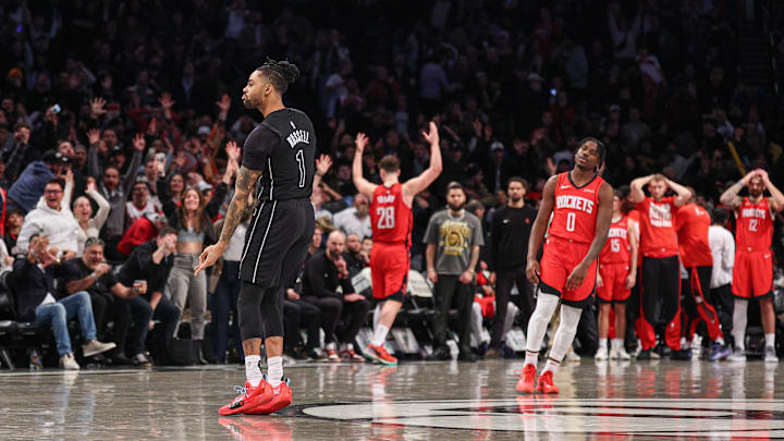Brooklyn Nets guard D'Angelo Russell (1) reacts after makes a three point basket during the fourth quarter against the Houston Rockets at Barclays Center. 