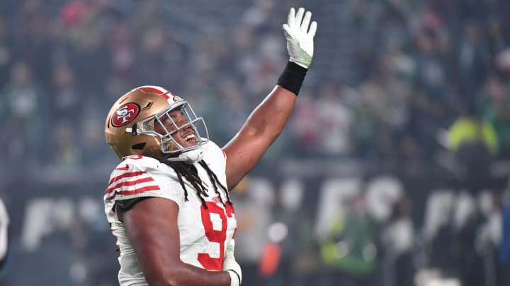 Dec 3, 2023; Philadelphia, Pennsylvania, USA; San Francisco 49ers defensive tackle Kalia Davis (93) celebrates his sack against the Philadelphia Eagles during the fourth quarter at Lincoln Financial Field. Mandatory Credit: Eric Hartline-USA TODAY Sports