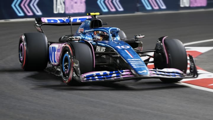 Nov 17, 2023; Las Vegas, Nevada, USA;   BWT Alpine F1 driver Pierre Gasly (10) of France drives during the qualifiers at the Las Vegas Strip Circuit. Mandatory Credit: Lucas Peltier-USA TODAY Sports