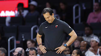 Apr 13, 2025; Miami, Florida, USA;  Miami Heat head coach Erik Spoelstra reacts against the Washington Wizards during the second half at Kaseya Center. Mandatory Credit: Rhona Wise-Imagn Images