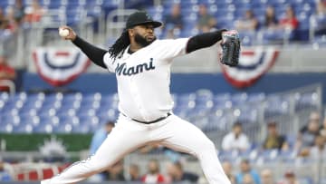 Apr 3, 2023; Miami, Florida, USA;  Miami Marlins starting pitcher Johnny Cueto (47) pitches against