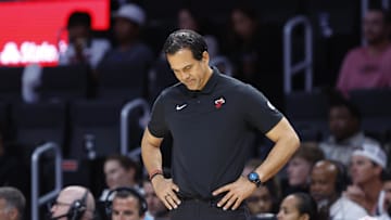 Apr 13, 2025; Miami, Florida, USA;  Miami Heat head coach Erik Spoelstra reacts against the Washington Wizards during the second half at Kaseya Center. Mandatory Credit: Rhona Wise-Imagn Images