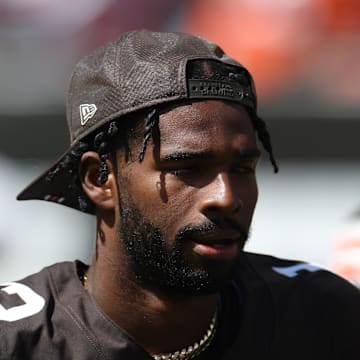 Sep 7, 2025; Cleveland, Ohio, USA; Cleveland Browns quarterback Shedeur Sanders (12) before a game against the Cincinnati Bengals at Huntington Bank Field. Mandatory Credit: Scott Galvin-Imagn Images