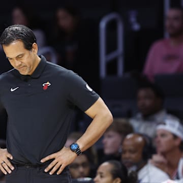 Apr 13, 2025; Miami, Florida, USA;  Miami Heat head coach Erik Spoelstra reacts against the Washington Wizards during the second half at Kaseya Center. Mandatory Credit: Rhona Wise-Imagn Images