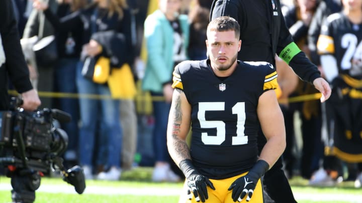 Nov 12, 2023; Pittsburgh, Pennsylvania, USA;  Pittsburgh Steelers linebacker Nick Herbig (51) stretches before playing the Green Bay Packers at Acrisure Stadium. Mandatory Credit: Philip G. Pavely-USA TODAY Sports