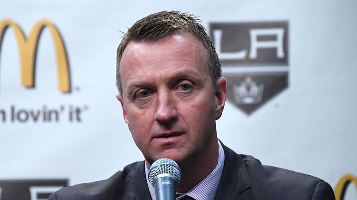 Apr 11, 2017; Los Angeles, CA, USA; Rob Blake is introduced as Los Angeles Kings general manager during press conference at the Staples Center. Mandatory Credit: Kirby Lee-Imagn Images