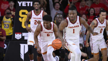 Dec 10, 2023; Los Angeles, California, USA; USC Trojans guard Bronny James (6) pushes the ball up court during the 2nd half against the Long Beach State 49ers at Galen Center. USC Trojans forward Joshua Morgan (24), guard Isaiah Collier (1) and USC Trojans guard Kobe Johnson (0) are also in the play. Mandatory Credit: Robert Hanashiro-USA TODAY Sports