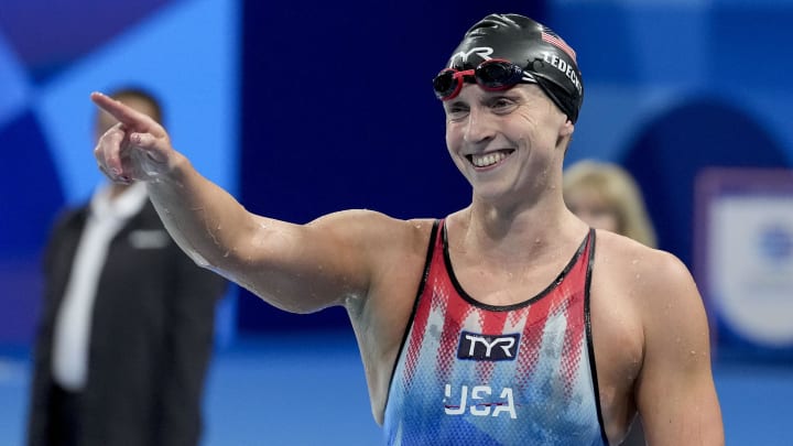 Aug 3, 2024; Nanterre, France; Katie Ledecky (USA) in the women’s 800-meter freestyle final during the Paris 2024 Olympic Summer Games at Paris La Défense Arena. Mandatory Credit: Grace Hollars-USA TODAY Sports