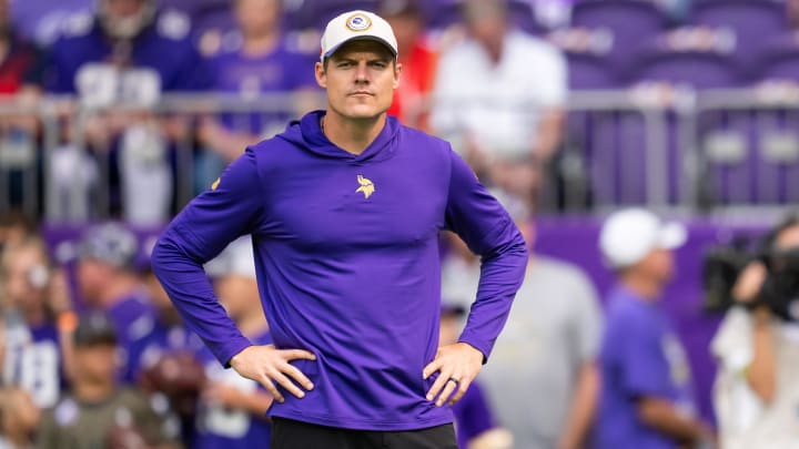 Aug 26, 2023; Minneapolis, Minnesota, USA; Minnesota Vikings head coach Kevin O'Connell looks on before a game against the Arizona Cardinals at U.S. Bank Stadium. Mandatory Credit: Brad Rempel-USA TODAY Sports
