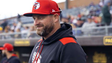 Mar 3, 2025; Peoria, Arizona, USA; Cleveland Guardians manager Stephen Vogt against the Seattle Mariners during a spring training game at Peoria Sports Complex. Mandatory Credit: Mark J. Rebilas-Imagn Images
