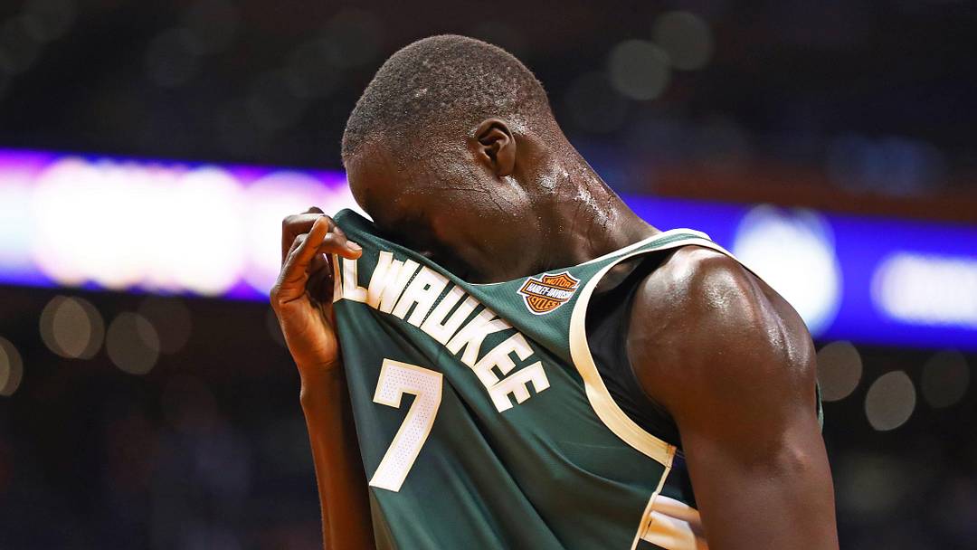 Nov 22, 2017; Phoenix, AZ, USA; Milwaukee Bucks center Thon Maker (7) reacts against the Phoenix Suns at Talking Stick Resort Arena. Mandatory Credit: Mark J. Rebilas-Imagn Images